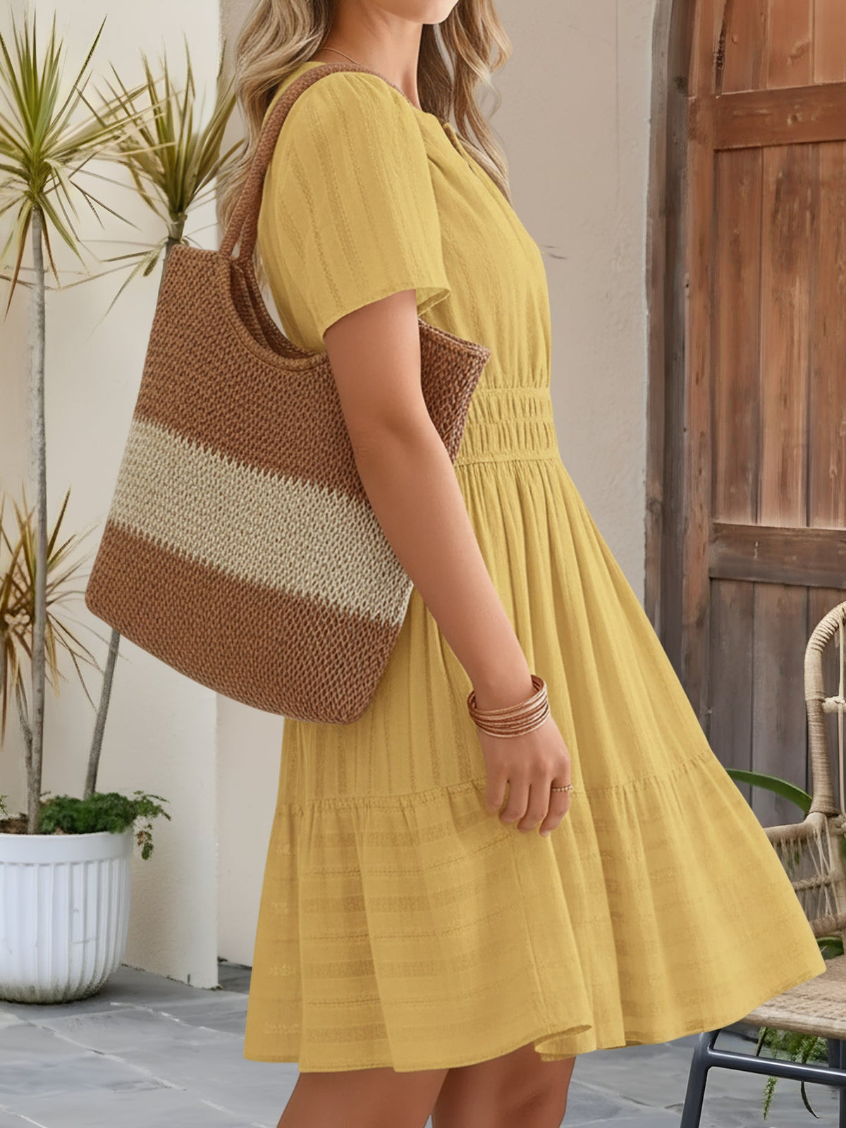 100% Cotton Notch Neck Puff Sleeve A-Line Tiered Dress