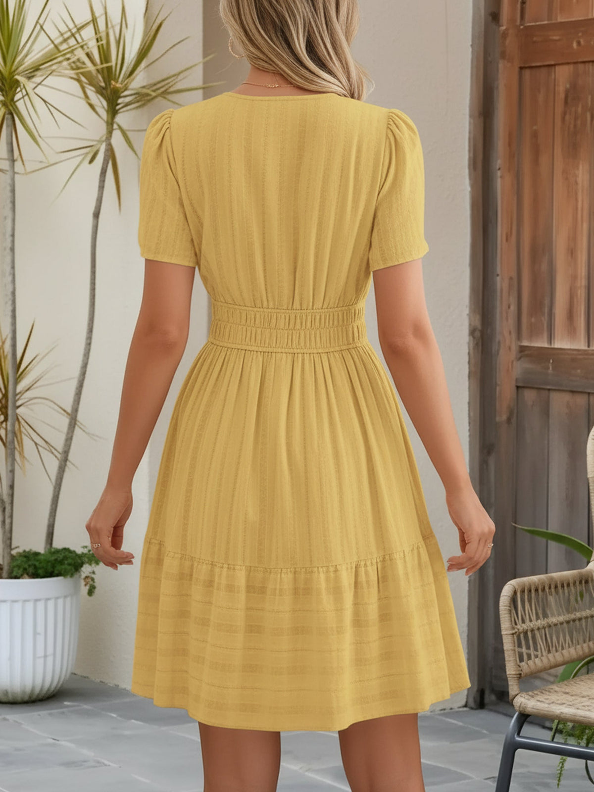 100% Cotton Notch Neck Puff Sleeve A-Line Tiered Dress