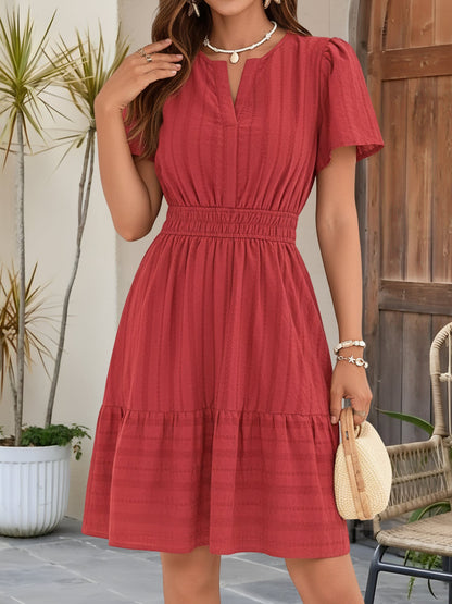 100% Cotton Notch Neck Puff Sleeve A-Line Tiered Dress