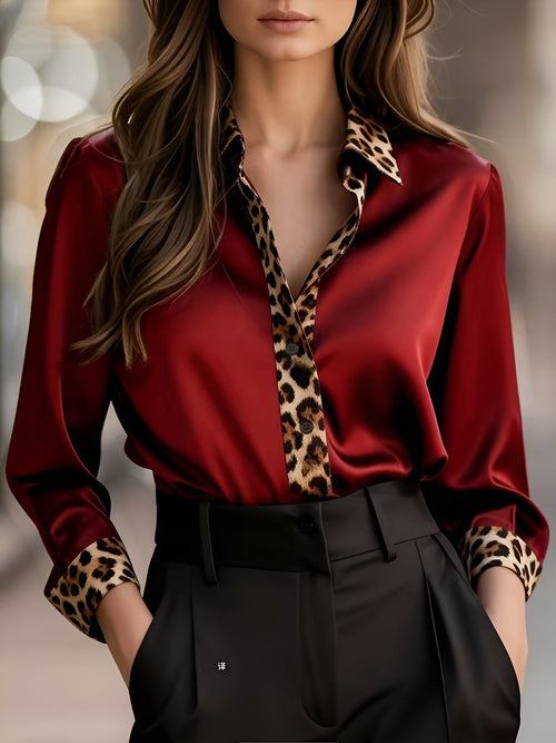 Satin Long Sleeve Leopard Print Patchwork Shirt