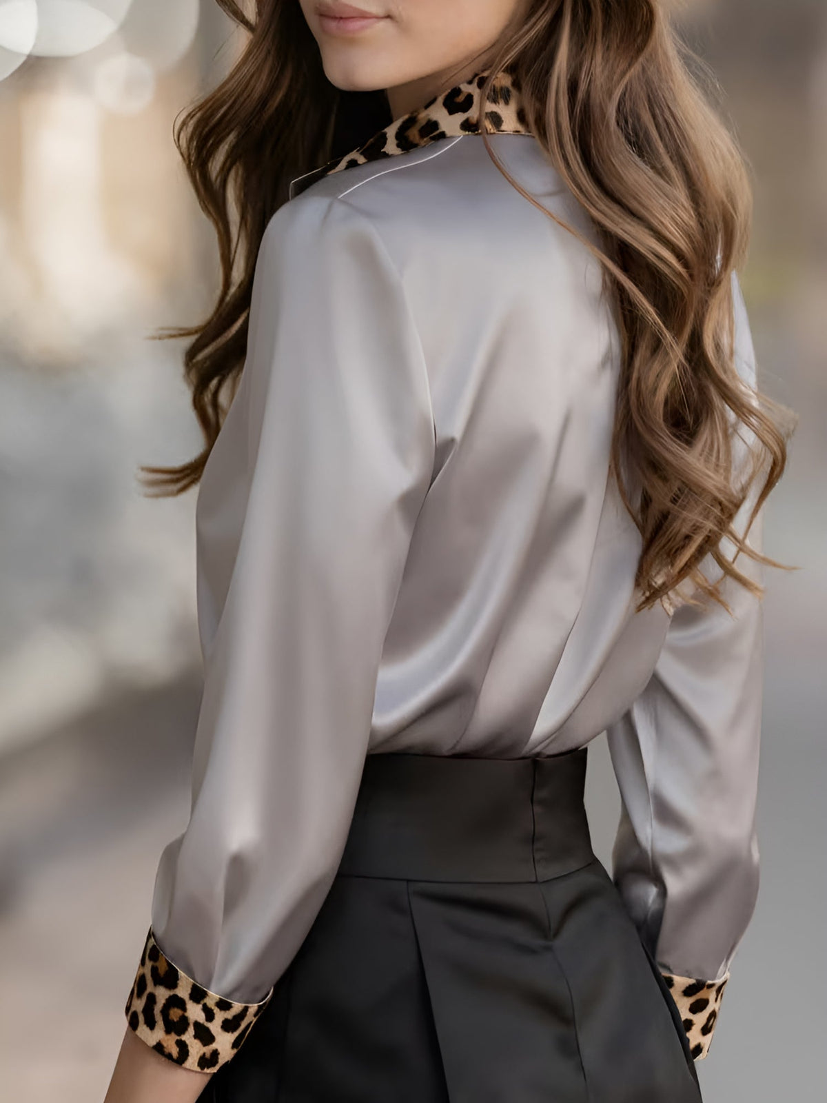 Satin Long Sleeve Leopard Print Patchwork Shirt