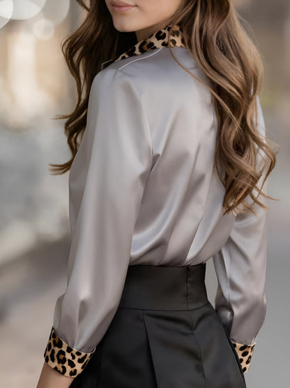 Satin Long Sleeve Leopard Print Patchwork Shirt