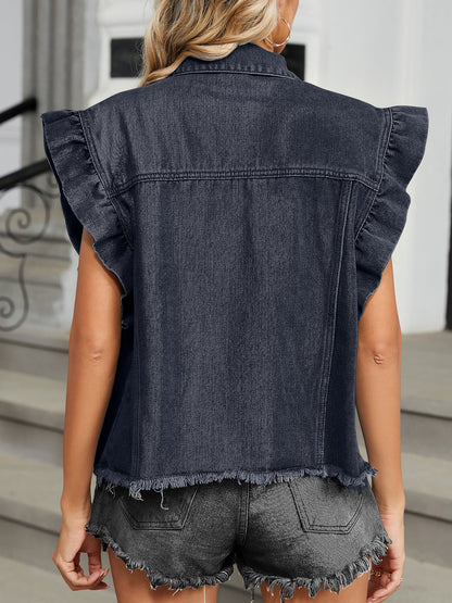 Denim Ruffled Cap Sleeves Casual Jean Blouse