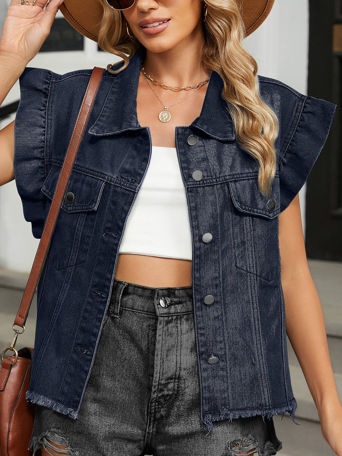 Denim Ruffled Cap Sleeves Casual Jean Blouse