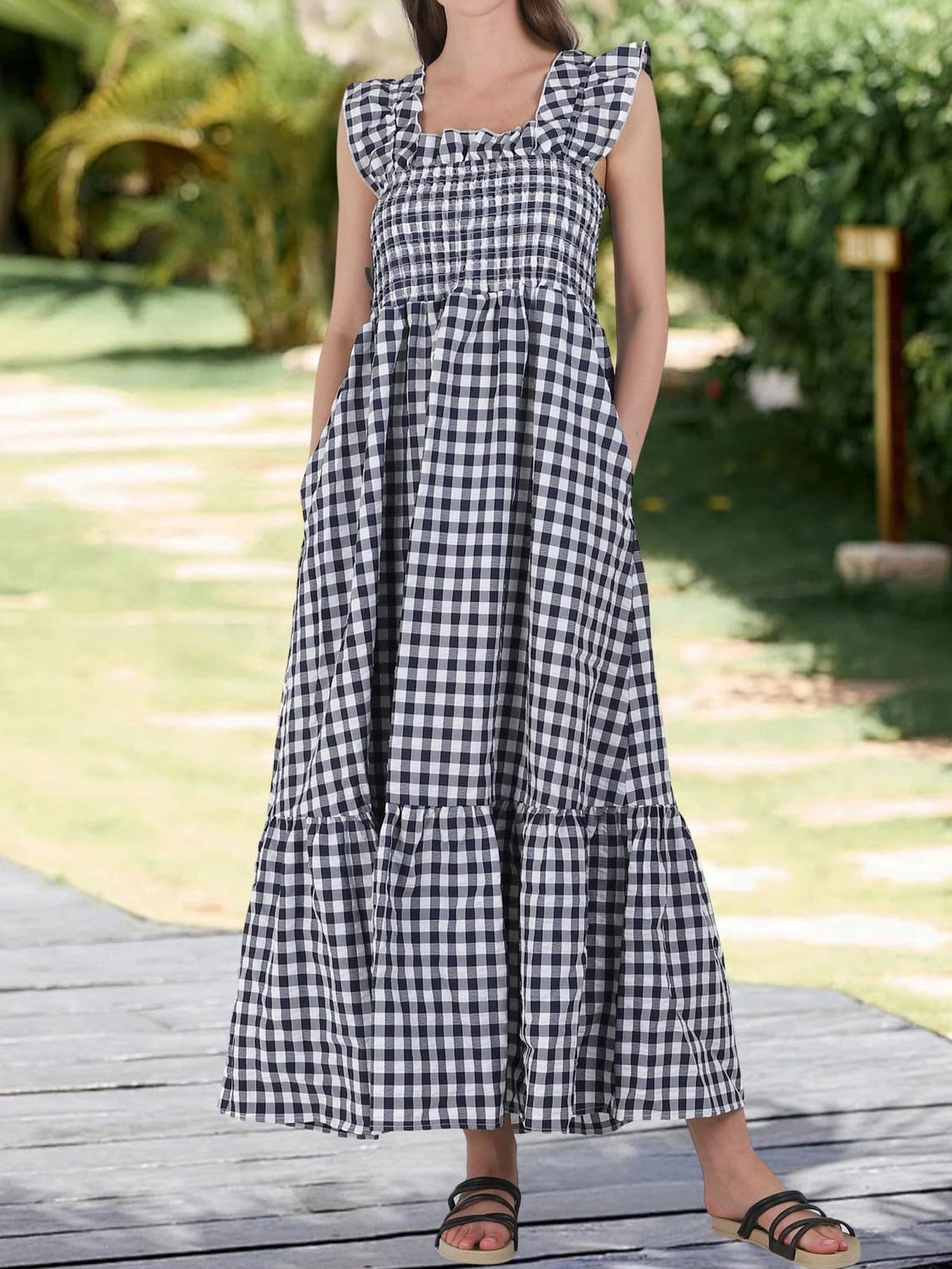 Gingham Ruffled Cap Sleeves Smocked Pocketed Tiered Dress