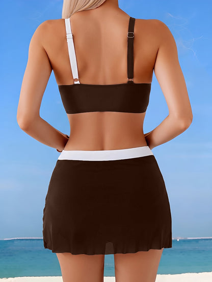 2 Piece Colorblock Sporty Skirted Swimwear