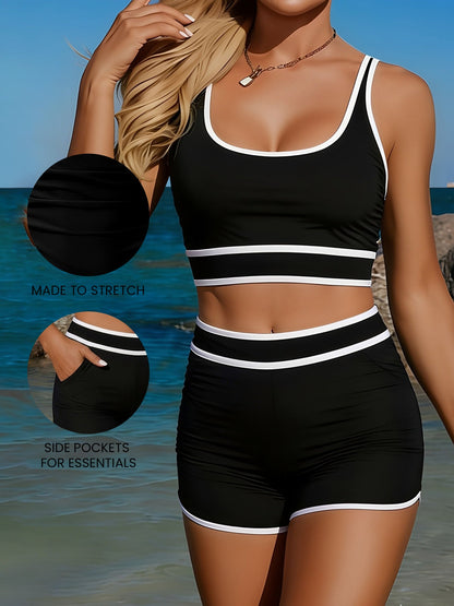 2 Pieces Colorblock Sleeveless Sports Bikini