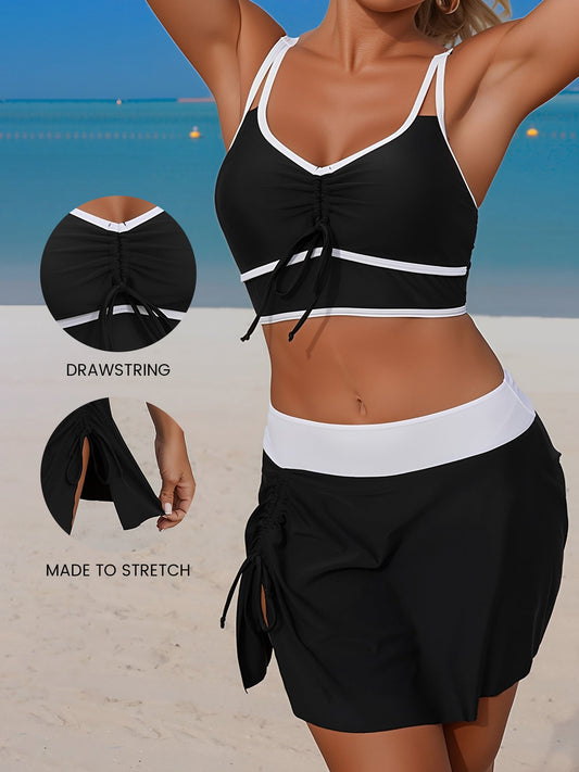 2 Pieces Colorblock Sleeveless Skirted Ruched Sporty Swimwear