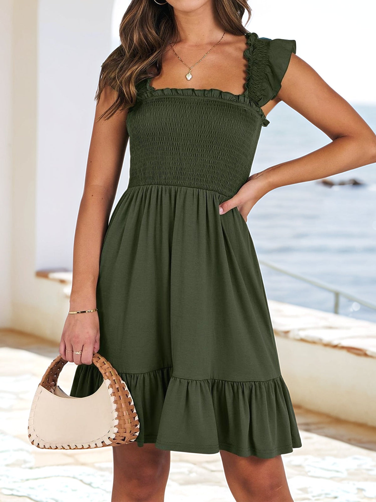 Ruffled Square Neck Cap Sleeves A-Line Tiered Dress