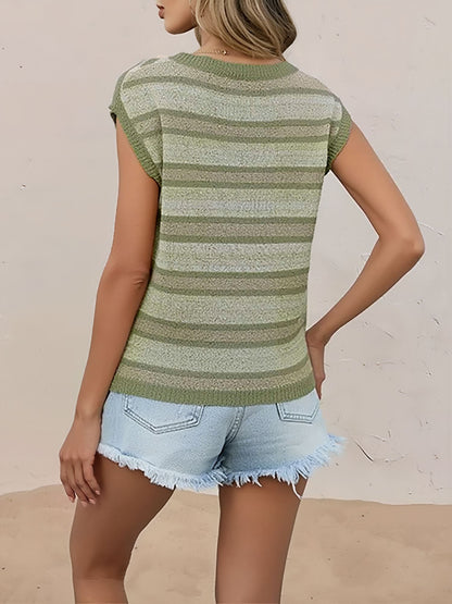 Colorblock Knit Striped Cap Sleeves Top