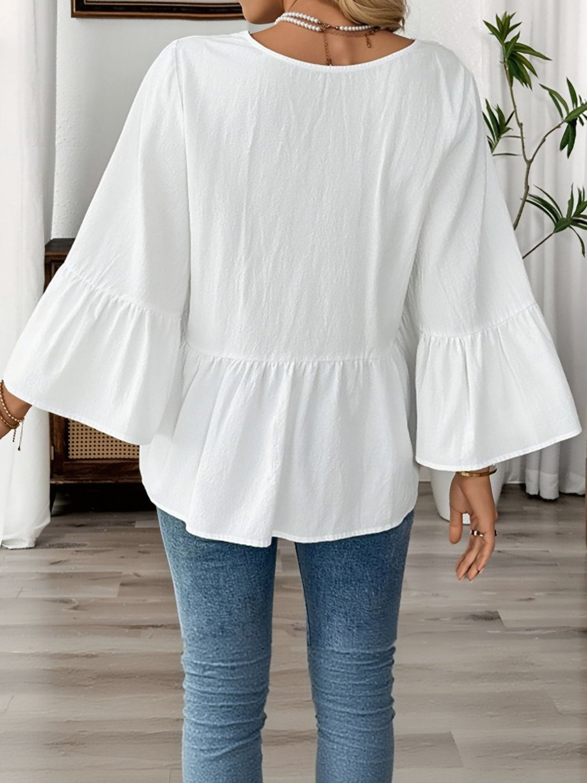 Solid Color V Neck Ruffled 3/4 Sleeve Cotton Blouse