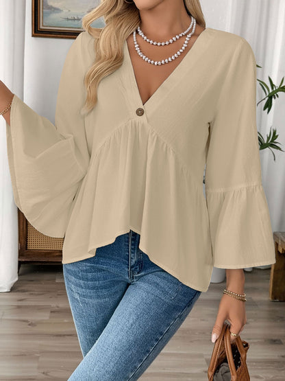 Solid Color V Neck Ruffled 3/4 Sleeve Cotton Blouse