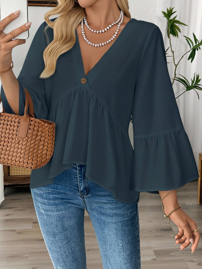Solid Color V Neck Ruffled 3/4 Sleeve Cotton Blouse
