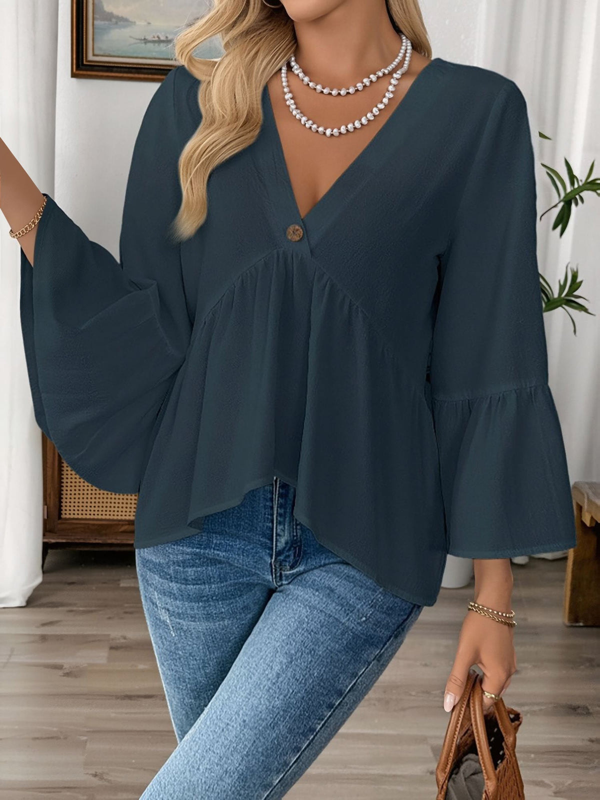 Solid Color V Neck Ruffled 3/4 Sleeve Cotton Blouse