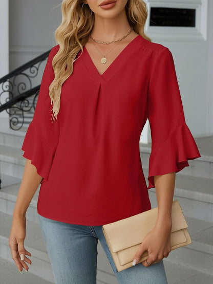 3/4 Sleeve V Neck Ruffled Sleeve Casual Chiffon Blouse