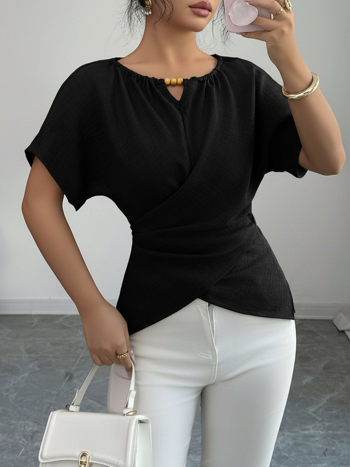 Beaded Solid Color Short Sleeve Tie Waist Blouse