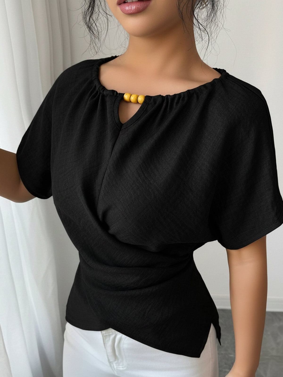 Beaded Solid Color Short Sleeve Tie Waist Blouse