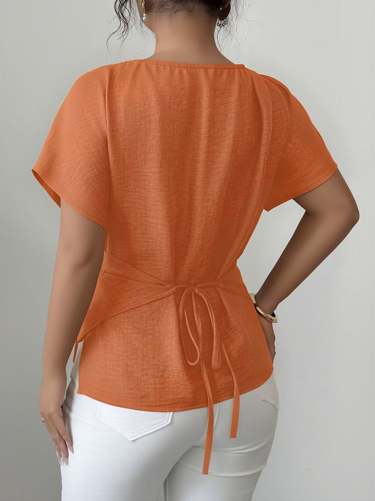 Beaded Solid Color Short Sleeve Tie Waist Blouse