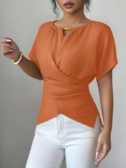 Beaded Solid Color Short Sleeve Tie Waist Blouse