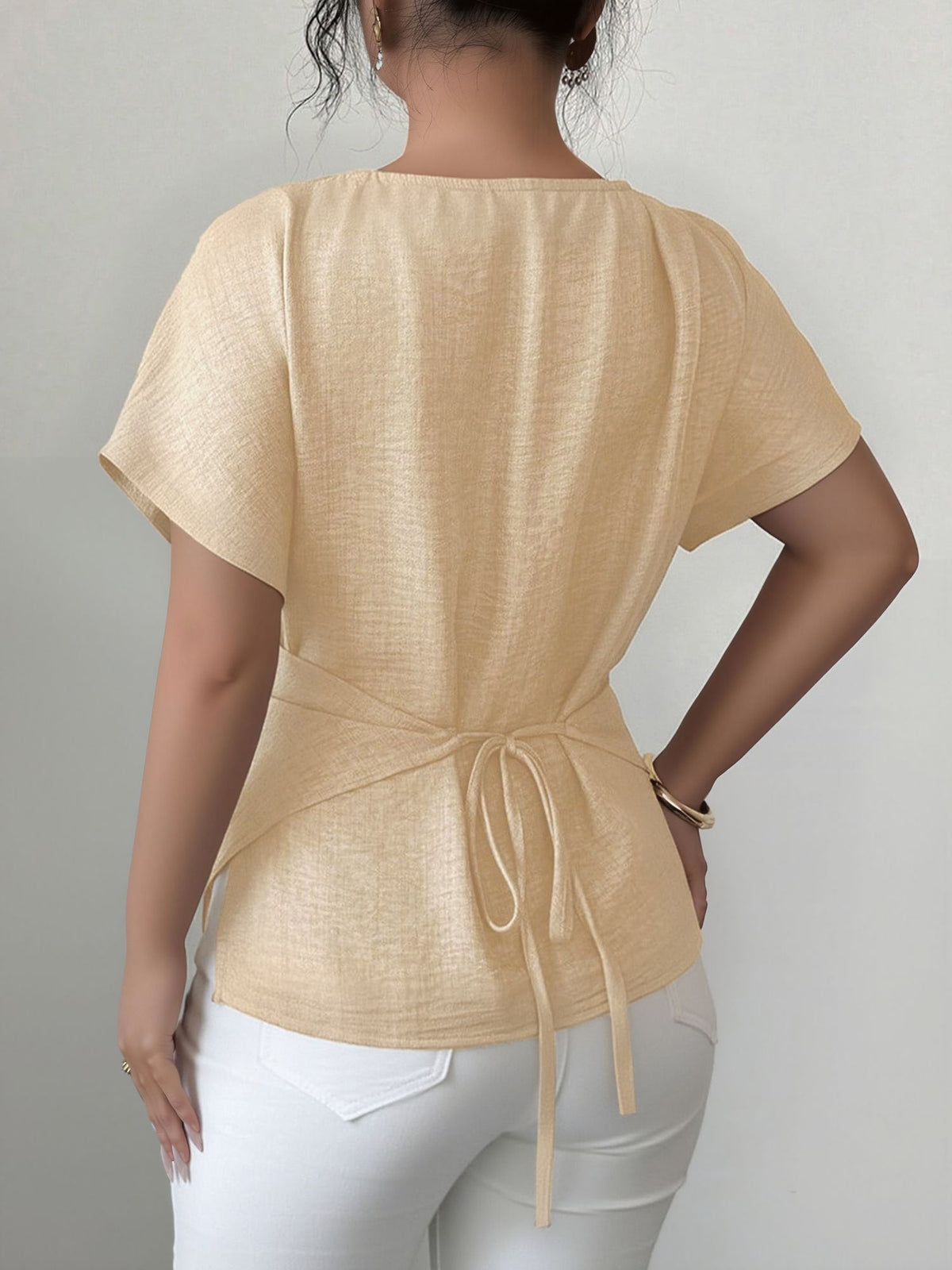 Beaded Solid Color Short Sleeve Tie Waist Blouse