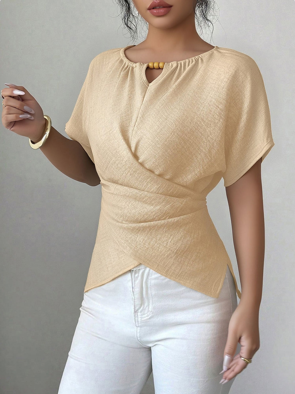 Beaded Solid Color Short Sleeve Tie Waist Blouse