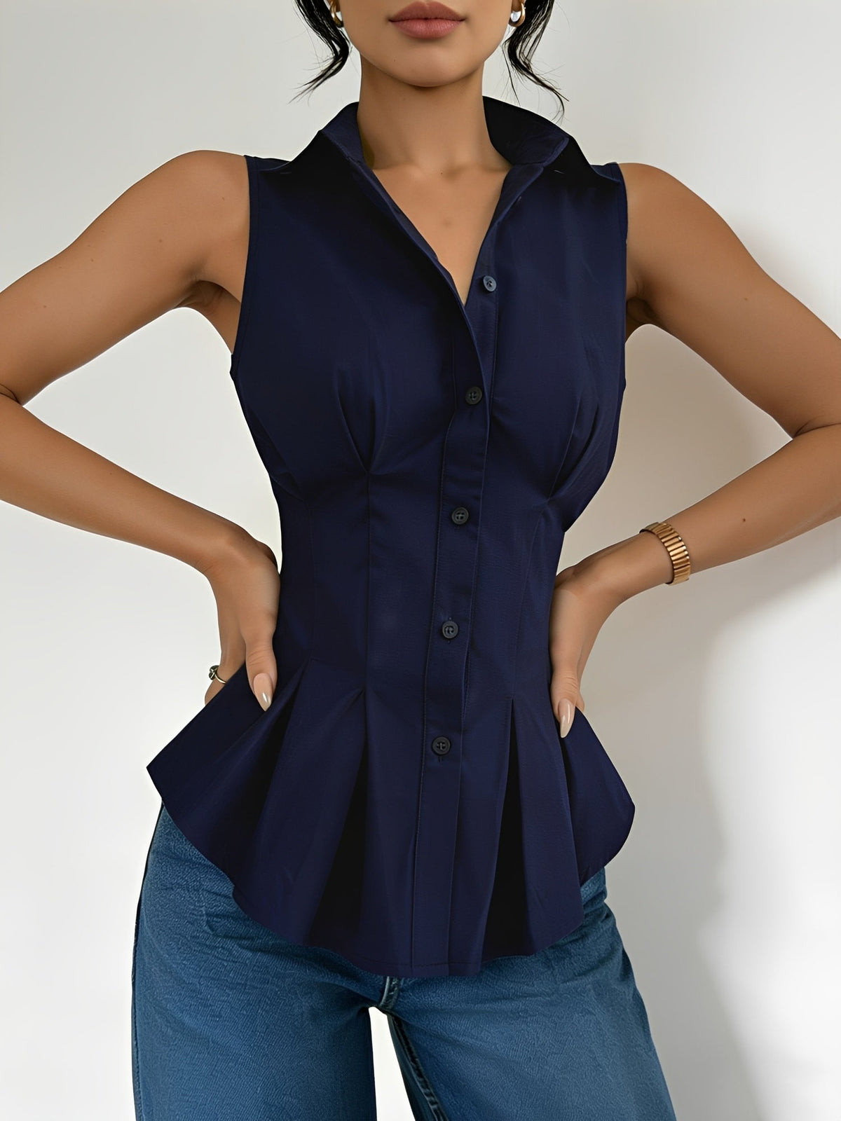 Sleeveless Collared Ruffled Pleated Peplum Blouse