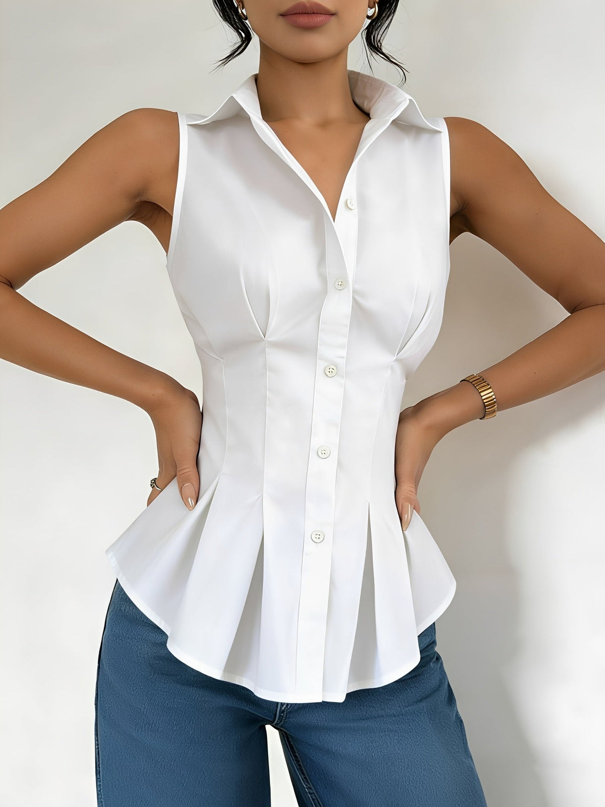 Sleeveless Collared Ruffled Pleated Peplum Blouse
