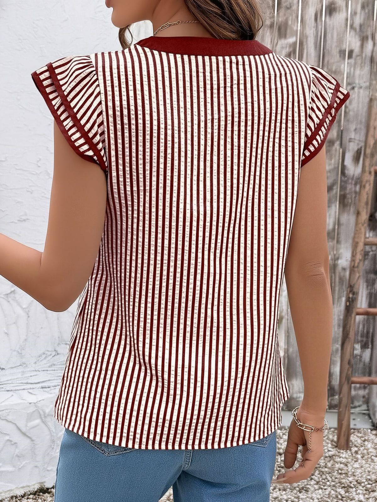 Notch Neck Striped Layered Cap Sleeve Blouse