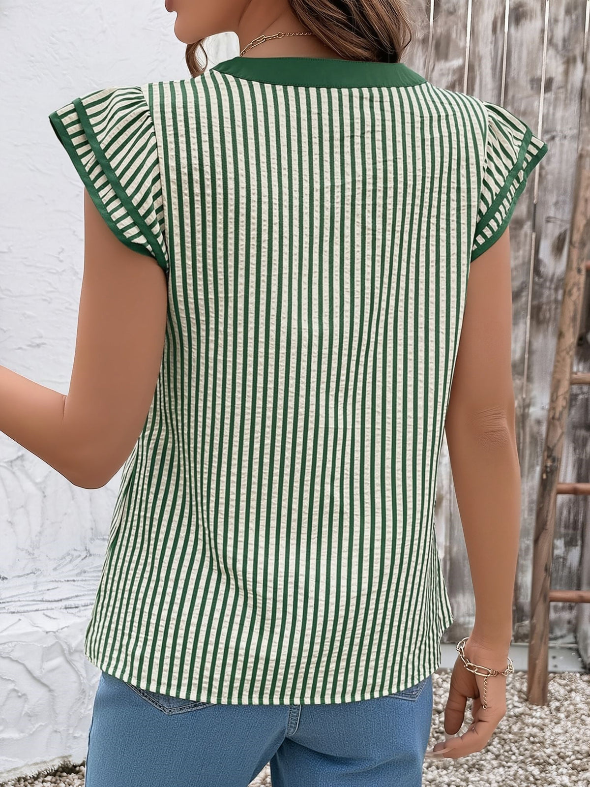 Notch Neck Striped Layered Cap Sleeve Blouse