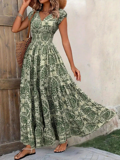 Boho Floral Cap Sleeves A-Line Tiered Dress