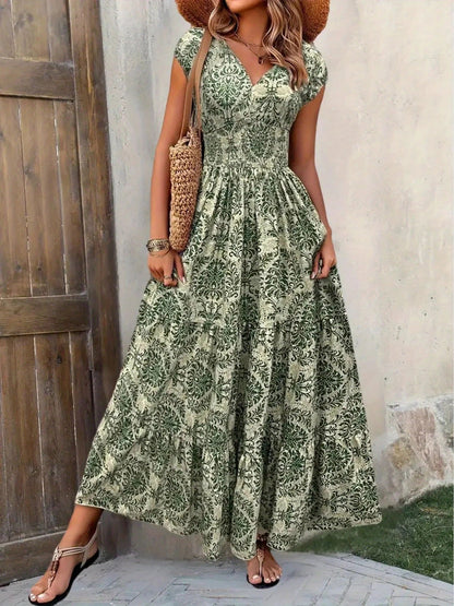 Boho Floral Cap Sleeves A-Line Tiered Dress