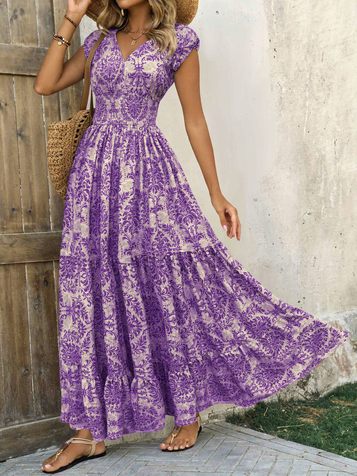 Boho Floral Cap Sleeves A-Line Tiered Dress