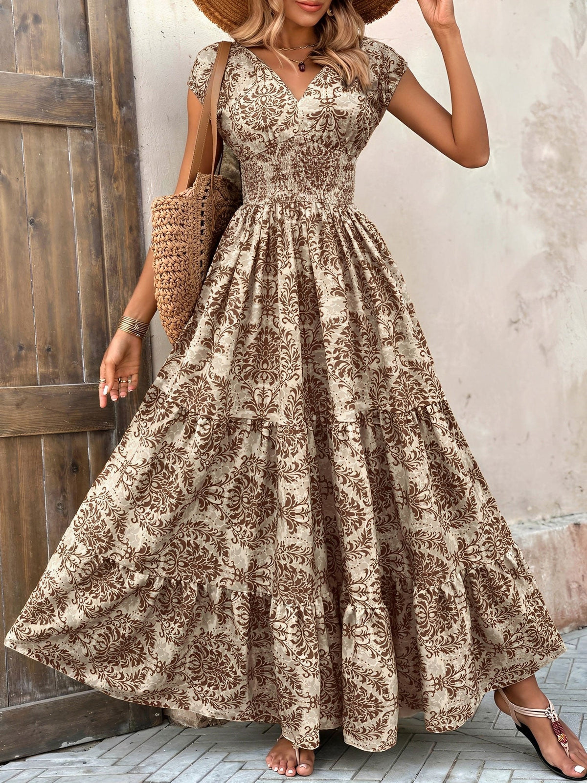 Boho Floral Cap Sleeves A-Line Tiered Dress