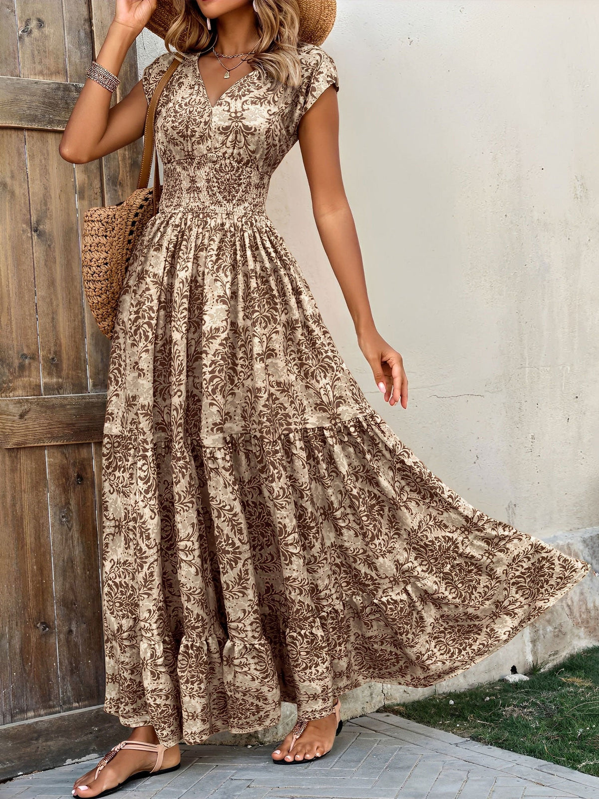 Boho Floral Cap Sleeves A-Line Tiered Dress