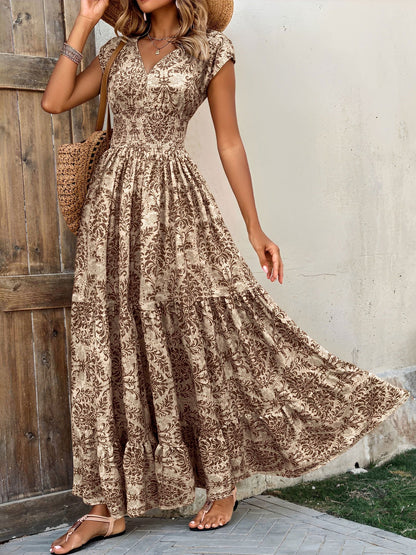 Boho Floral Cap Sleeves A-Line Tiered Dress