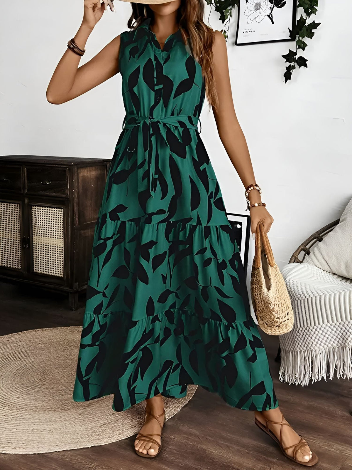 Floral Printed Sleeveless A-Line Tiered Dress