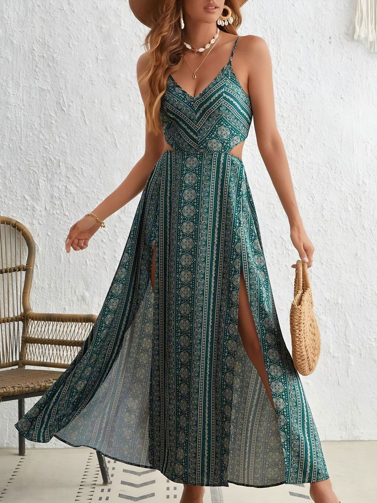 Boho Smocked Backless Spaghetti Strap Slit Resort Style Dress
