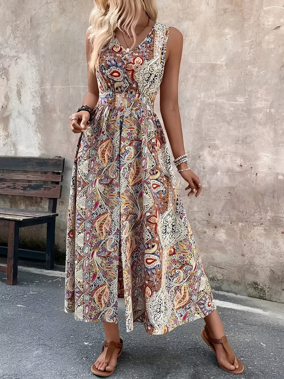 Boho Paisley V Neck Sleeveless Slit Romper Dress