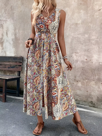 Boho Paisley V Neck Sleeveless Slit Romper Dress