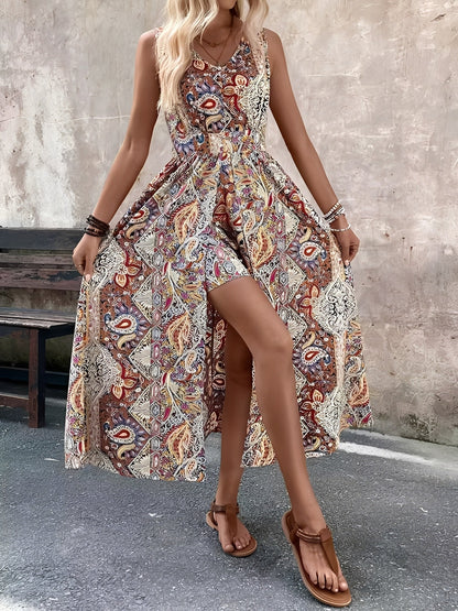 Boho Paisley V Neck Sleeveless Slit Romper Dress