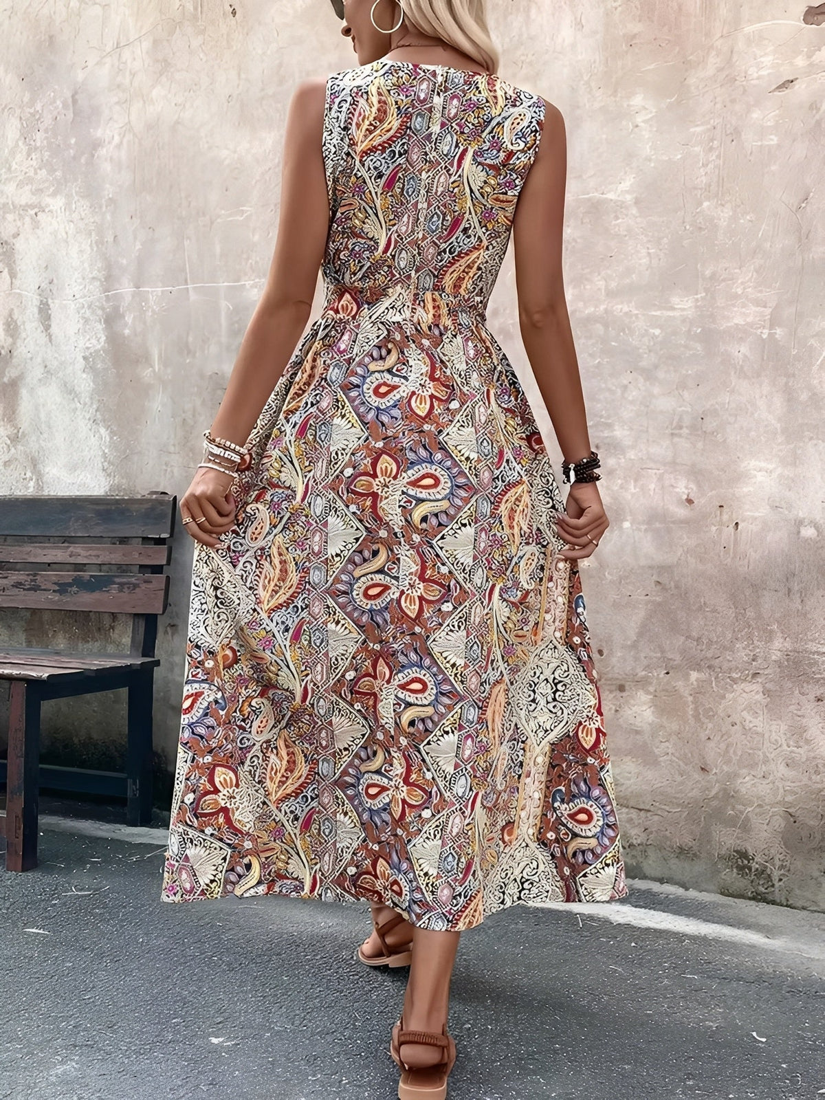Boho Paisley V Neck Sleeveless Slit Romper Dress