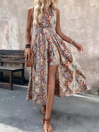 Boho Paisley V Neck Sleeveless Slit Romper Dress