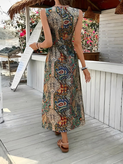 Boho Paisley V Neck Sleeveless Slit Romper Dress