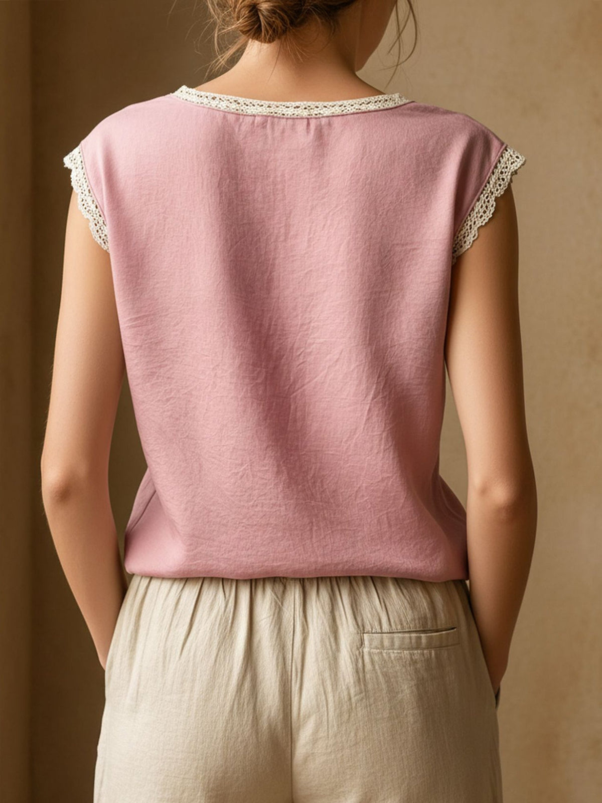 Round Neck Lace Casual Cap Sleeves Blouse