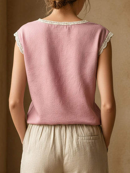 Round Neck Lace Casual Cap Sleeves Blouse