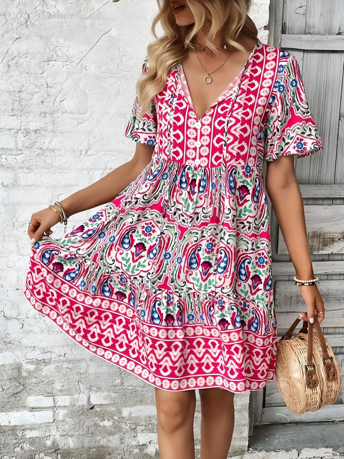 Boho Printed V Neck Loose Fitting Mini Dress