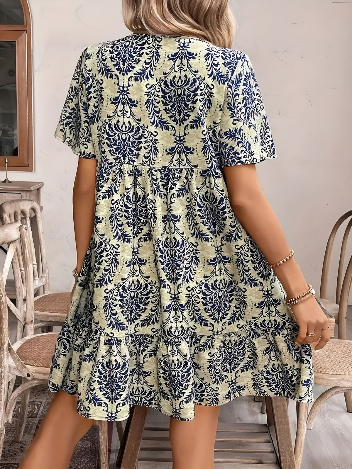 Boho Printed V Neck Loose Fitting Mini Dress