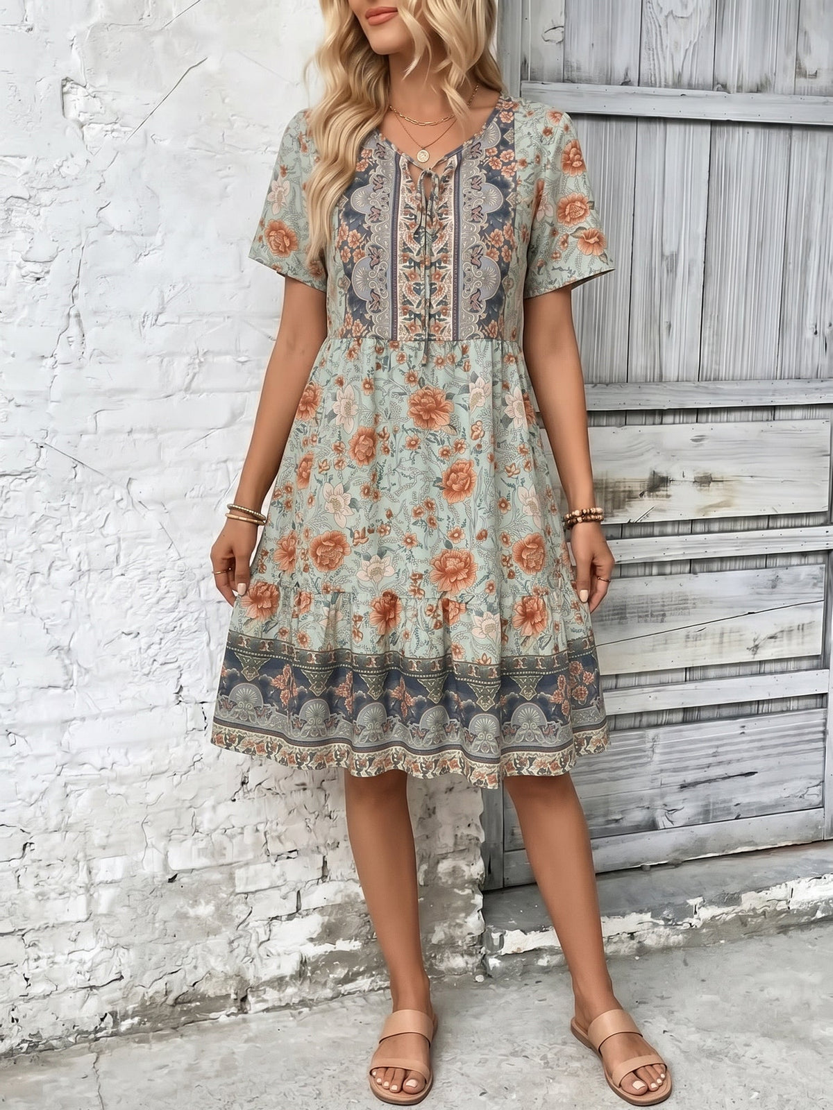 Boho Printed V Neck Loose Fitting Mini Dress