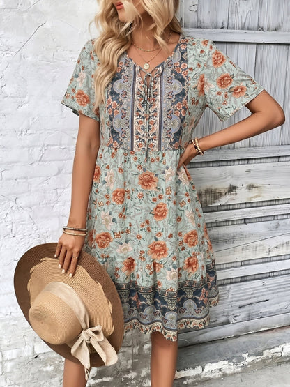 Boho Printed V Neck Loose Fitting Mini Dress