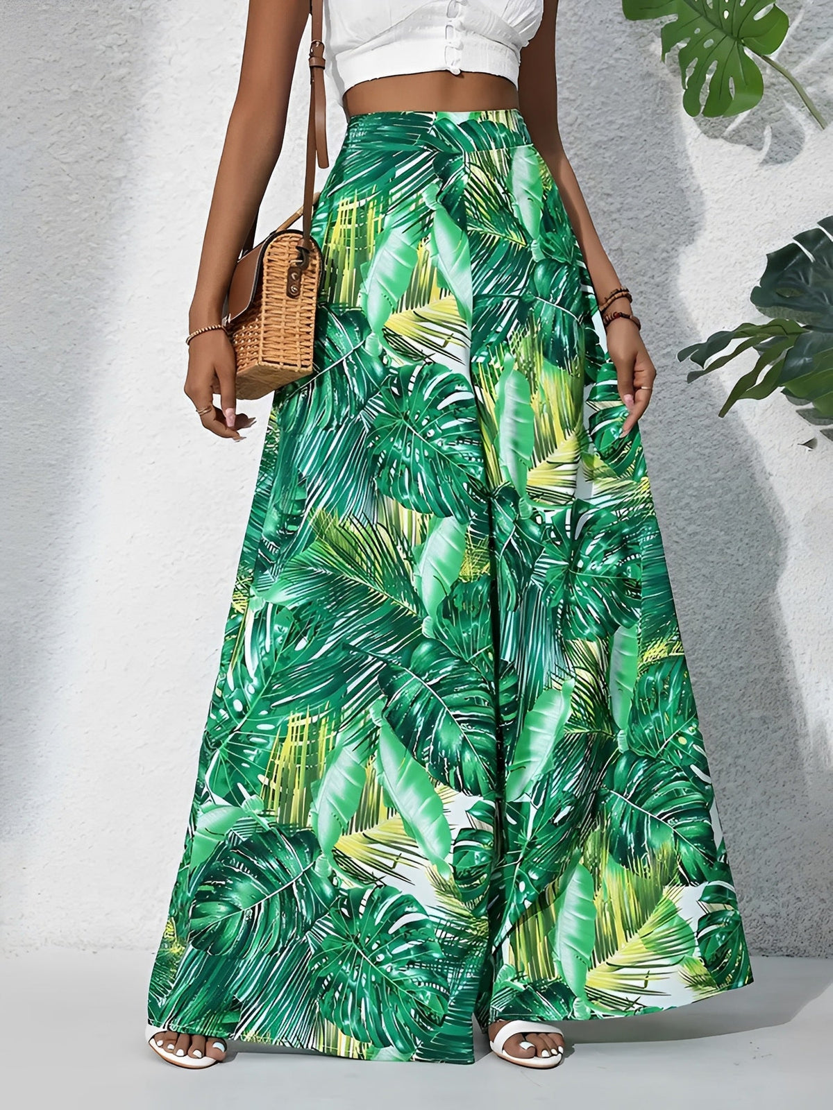 Tropical Printed Casual High-Waisted Wide-Leg Trousers Pants